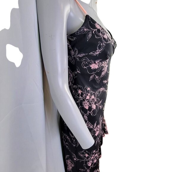 Vintage 90s Floral Dress Women Medium 8 Ruffle Knee Length Strap Black Pink New - Picture 15 of 15